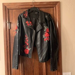 Floral embroidered Leather Jacket